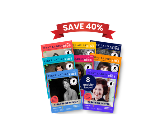 Set of 'First Ladies for Kids' books with a discount banner on a white background