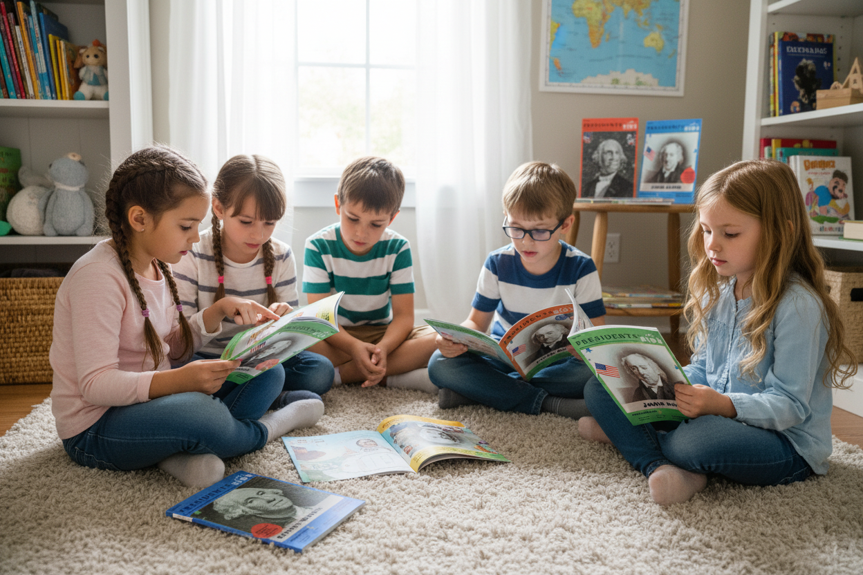 Kids reading real Presidents for Kids books